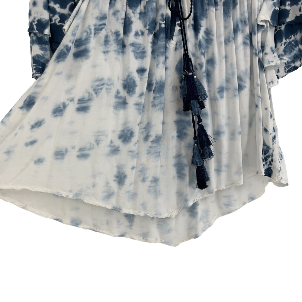 Surf Gypsy Shirt Womens Off Shoulder Blue Tie Dye Flowy Tassel Short Sleeve S - Picture 6 of 10